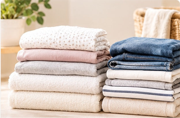 A fuller stack of neatly folded family laundry in warm cream and soft blue tones