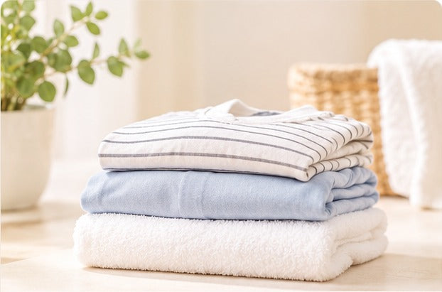 Neatly folded white and soft blue laundry in a bright, warm neutral setting